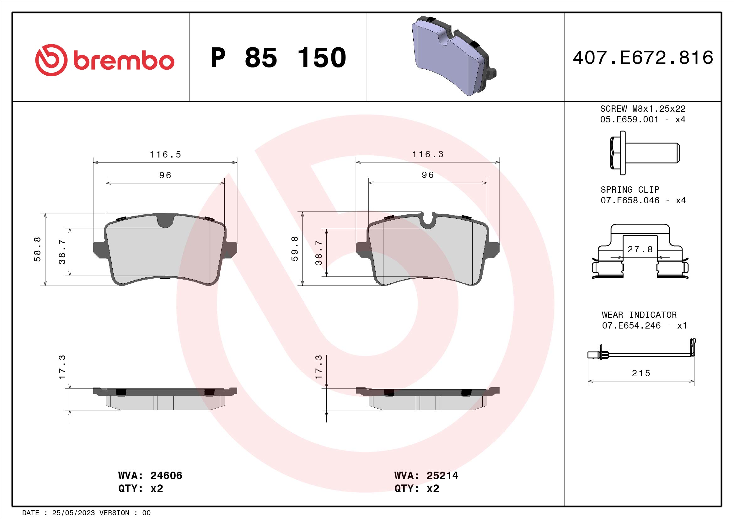 A.B.S. P 85 150 BREMBO Bremsbelagsatz, Scheibenbremse